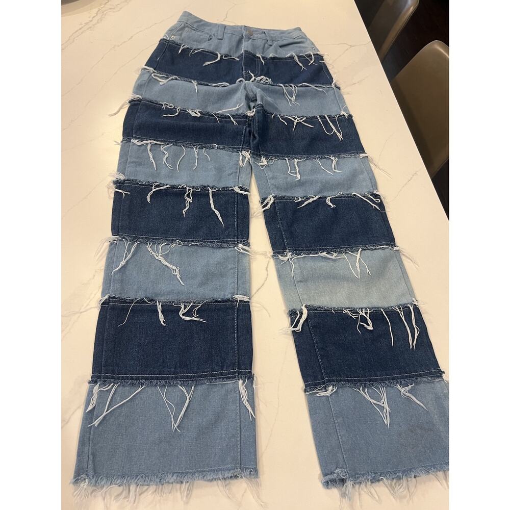 Shein Jeans Frayed Patch Work Casual Baggy Blue Womens XS / US 2 / EU 34
